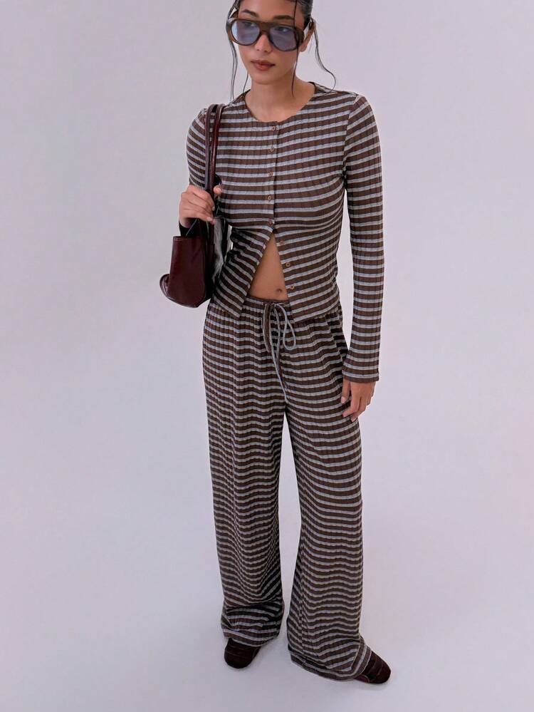 Ribbed Knit Striped Button Front Crop Set