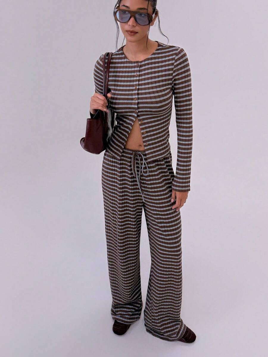 AiiRZ Striped Button Front Crop Top And Wide Leg Palazzo Pants Co-Ord Set With Drawstring Waist - Fall Winter Lounge Set - Multicolor - View 1