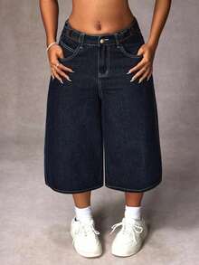 SHEIN EZwear Plus Size Casual Washed Loose 3/4 Length Denim Jeans,Back To School