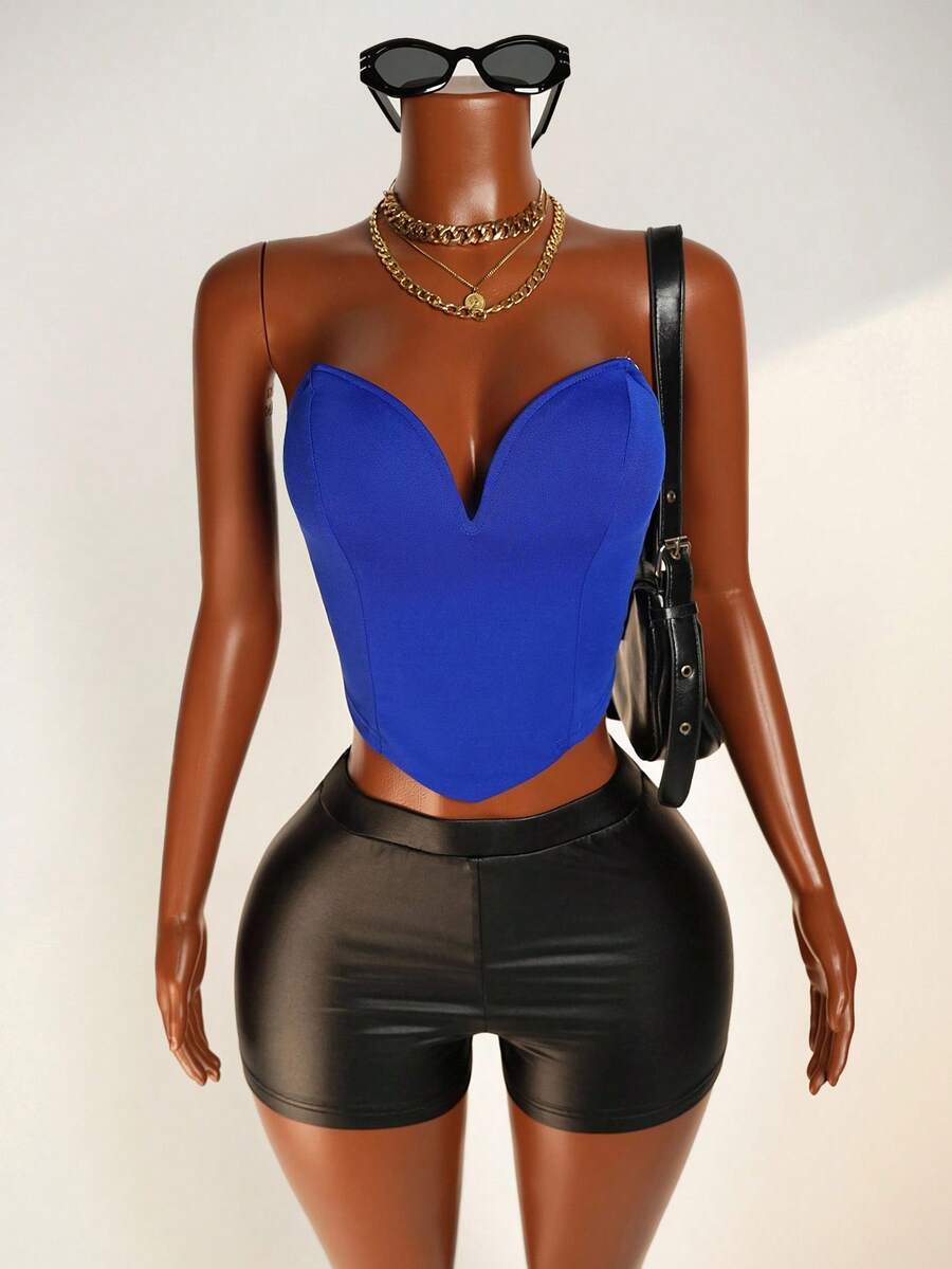 Mistrie Women Solid Color Backless Asymmetric Hem Bodycon Sleeveless Tank Top - Royal Blue - View 1