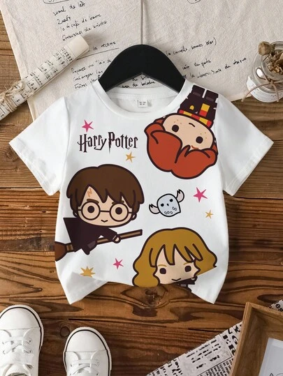 HARRY POTTER X SHEIN Young Girl Crew Neck Short Sleeve Comfortable, Casual Cartoon Figure And Cute English Letter Print T-Shirt