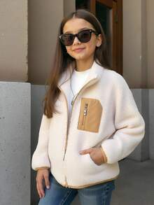 SHEIN Young Girl Contrast Color Zipper Front Casual Fleece Jacket, Autumn/Winter Fall - White - View 1