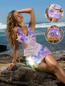 Opulessa Váy ngắn cạp thấp đính hạt sequin trơn màu cho kỳ nghỉ dành cho nữ, trang phục mùa thu cho nữ, quần áo mùa đông cho nữ, trang phục Halloween, Fairycore, trang phục công sở thường ngày cho nữ, trang phục dự tiệc sang trọng gợi cảm cho nữ, váy dự tiệc cưới cho nữ, bãi biển - Hồng - Xem 3