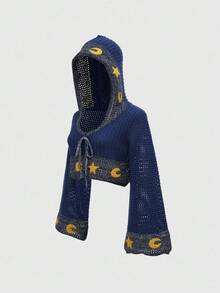 ROMWE Goth Sudadera con capucha de manga acampanada con gráfico de sol y luna estilo gótico hippie para mujeres - Azul - Ver 5