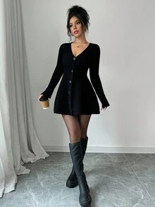 Elenzga 1 件女士休闲日常纯色收腰前扣开衫，秋冬 - 黑色 - 查看 4
