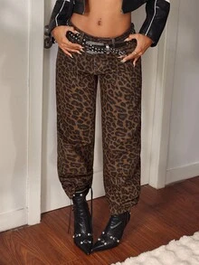 SHEIN Tall Sexy Leopard Print Low Waist Straight Leg Jeans - Multicolor - View 6