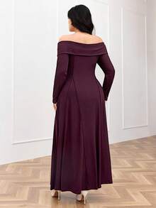 Feyla Plus Size Elegant Solid Color Off-Shoulder Dress, Autumn - Burgundy - View 2