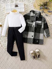 SHEIN 3 件套年轻女孩休闲格子双面羊毛保暖中长款夹克、长袖针织上衣和打底裤儿童冬季服装女童 - 灰色 - 查看 2