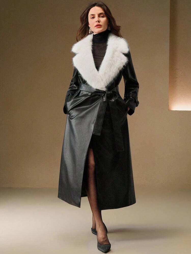 Urban Autumn/Winter Black Mid-Length Faux Leather Jacket With Fluffy White Fur Collar, Long Sleeve Casual Outerwear