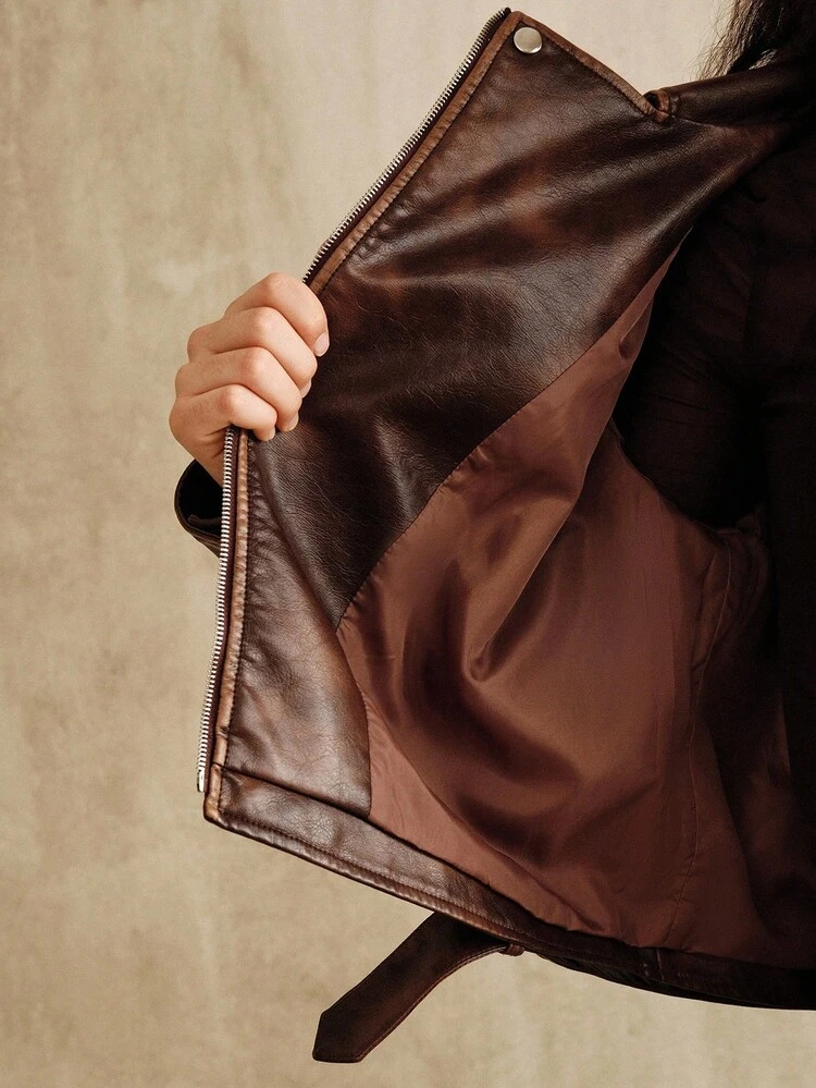 Chaqueta casual de manga larga con cremallera de cuero de PU vintage para mujer, adecuada para salir y fiestas, otoño/invierno