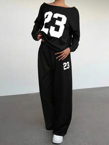 Aloruh Women's Casual Loose Fitting Number Print Long Sleeve Sweatshirt And Pants 2 Pieces Set, Autumn,Fall - Black - View 6