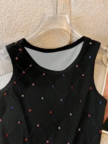 Breezaya Damen Lässig Rundhals-Tanktop mit bunter Strass-Verzierung