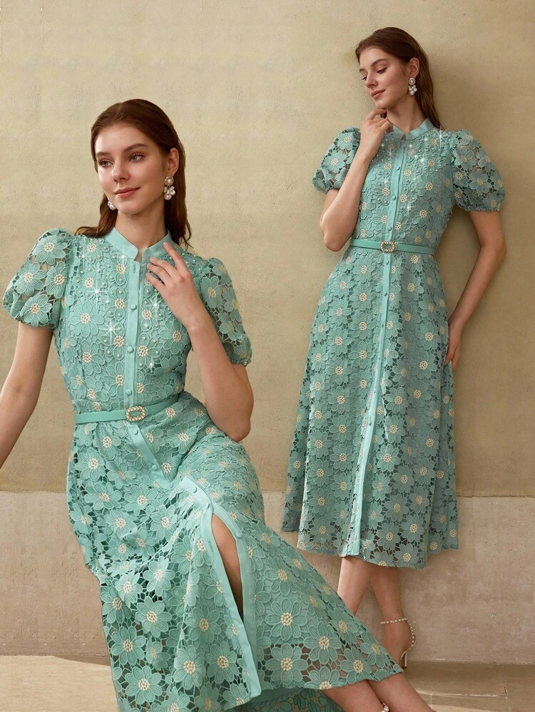 GUIPURE LACE EMBROIDERY BELT DRESS