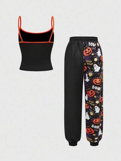 2 pièces/Set Débardeur et Pantalon de Jogging Imprimés Citrouille et Fantôme d'Halloween
