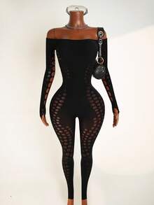 Mistrie Sexy Hollow-Out Bodycon Off Shoulder Jumpsuit Fall Cloth For Women - Black - View 1