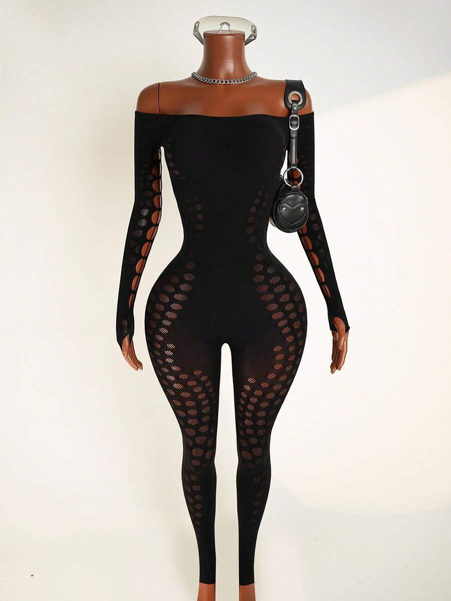 Mistrie Sexy Hollow-Out Bodycon Off Shoulder Jumpsuit Fall Cloth For Women - Black - View 1
