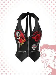 Betty Boop | ROMWE Spring/Summer Women's Kpop Cartoon Figure Graphic Embroidery Motorcycle Sexy Zipper PU Fabric Halter Neck Tank Top - Black - View 2