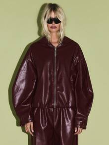 KIZN Sudadera con capucha de piel sintética (PU) oversize, chaqueta cálida de moda para otoño e invierno, prenda con cierre delantero con cremallera y cordón - Burdeos - Ver 6