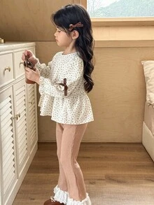 SHEIN Young Girls' Casual Ditsy Floral Round Neck Long Sleeve Top And Flare Pants Set Fall Winter - Multicolor - View 4