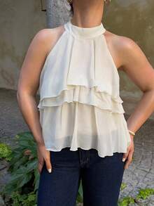 Jeta Ari Halter Neck Ruffled Cake Chiffon Blouse - Beige - View 3
