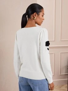 Lilora Women's White Floral Soft Pullover Sweater For Autumn,Elegant Tea Party 3D Decorated Skin-Friendly Knitwear,Retro Business Casual Old Money Style - White - View 2