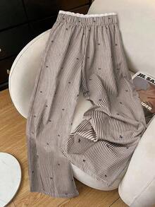 GlowEve 女士休闲蝴蝶结条纹蕾丝腰直筒阔腿裤 - 棕色 - 查看 2