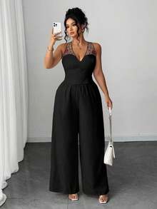 Elenzga 大码女式优雅蝴蝶结 V 领吊带背心和阔腿裤两件套，杏色刺绣网眼拼布 - 黑色 - 查看 2