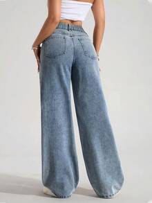 SHEIN ICON Quần jean ống đứng cạp chun màu xanh nhạt cổ điển cho nữ cỡ lớn - Rửa nhẹ - Xem 2