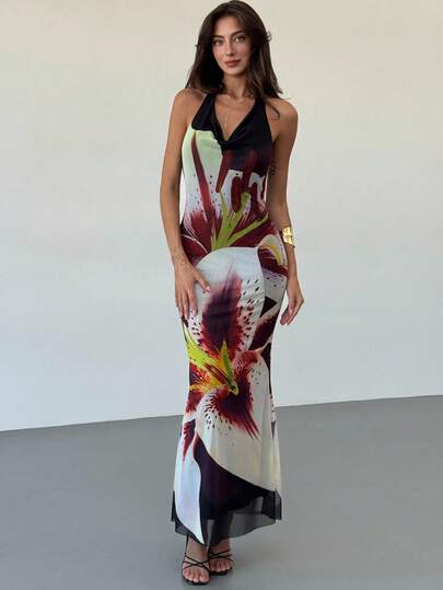 Aloruh Floral Print Backless Bodycon Dress, Romantic For Date, Vacation