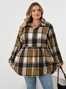 SHEIN CURVE+ Curve Plus Plaid Print Drop Shoulder Shirt,Fall,Baggy Shirts,Fall Tops,Fall Loose A-Line Hem Plus Size Blouses Plus Size Earthy Tops Plus Size Plaid Jacket Plus Size Fall Tops Plus Size Plaid Tops Fall For Women,Winter,CURVE PLUS/Autumn /Winter