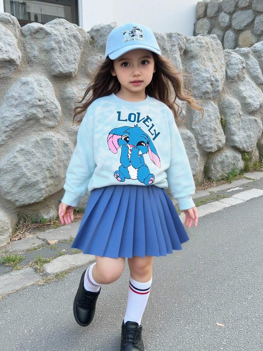 Elladie kids 2件套幼儿女童蓝色扎染图案印花卫衣和百褶裙休闲时尚套装 - 藍色 - 查看 1