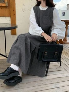 FRIFUL Women's Casual Commuter Pleated Hem Sleeveless Dress Pinafore Dress Drop Waist Dress Pleated Dress Gray Dress Jumper Dress