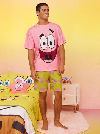 SpongeBob SquarePants | SHEIN 男士趣味卡通印花短袖 T 恤和短裤家居服睡衣套装，夏季