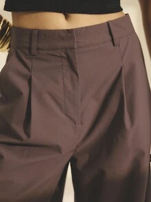 Aralina 女士 Y2k 夏秋前褶休闲裤，带侧袋，适合外出和教师穿着 - 巧克力棕 - 查看 3