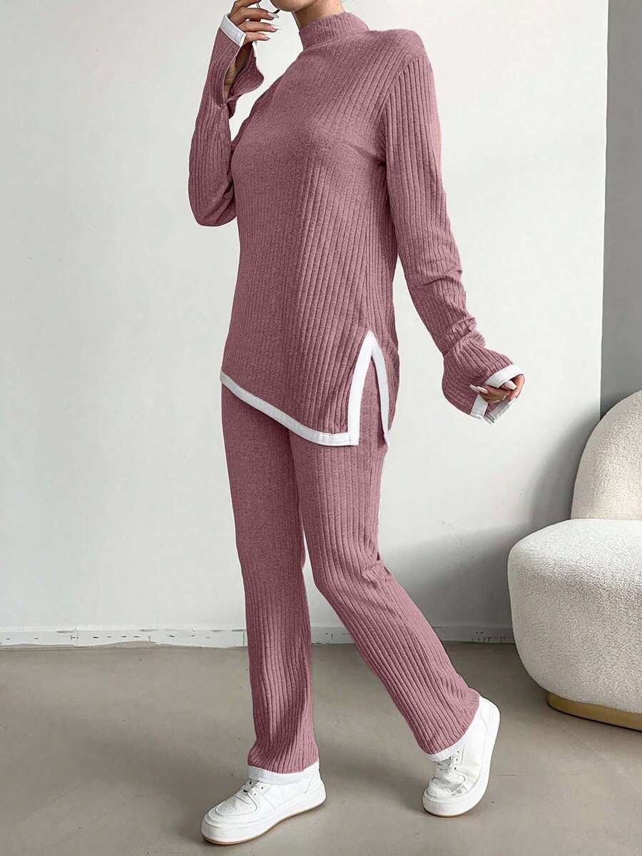EURMUSE Cotton Contrast Binding Split Hem Tee & Pants - Dusty Pink - View 1