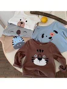 Set de 5 piezas de tops casuales para bebé niño con cuello redondo, de punto, de unicolor y con diseño de animales lindos
