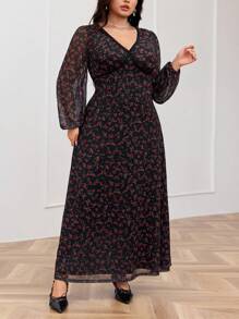 Feyla 大码花卉印花蕾丝拼布 V 领长袖连衣裙 - 彩色 - 查看 6