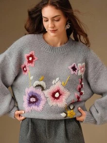 Anewsta Women's Embroidered Floral Knit Pullover Sweater,Gray,Autumn,Elegant,Brunch,Chic Fall Winter Formal Party New Year Christmas Work Wedding - Grey - View 1