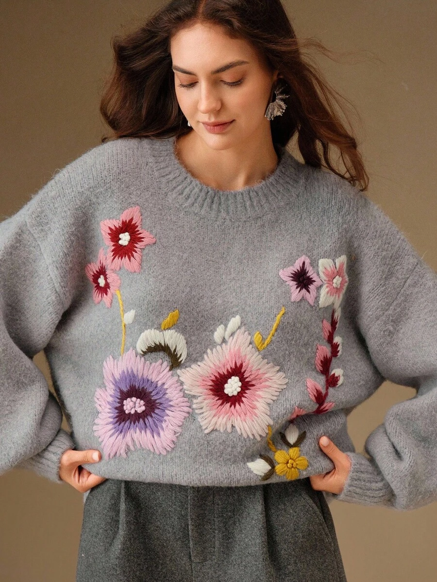Anewsta Women's Embroidered Floral Knit Pullover Sweater,Gray,Autumn,Elegant,Brunch,Chic Fall Winter Formal Party New Year Christmas Work Wedding - Grey - View 1