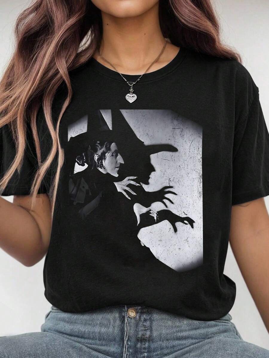 SHEIN CURVE+ Áo thun in hình phù thủy đội mũ Halloween cỡ lớn, thời trang thường ngày, áo thun cổ tròn cỡ lớn dành cho nữ, phù hợp cho mùa xuân và mùa hè - màu đen - Xem 1