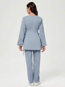 Scrubzie Anti-Wrinkle Long Sleeve Shirt And Long Pants 2 Pieces Scrub Uniform Set - Blue - View 2