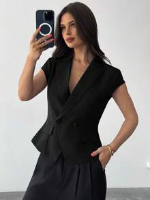 Firerie 女士花卉印花收腰薄款西装外套，优雅办公室装，商务夹克，春夏秋 - 黑色 - 查看 7