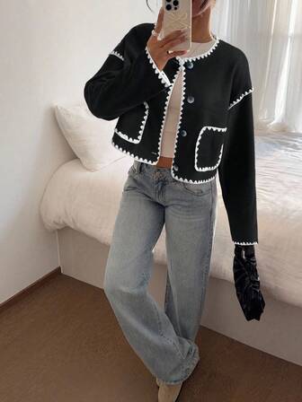 Siren Gaze Veste col rond pour femmes, veste avec bordure contrastée brodée, veste de style décontracté de rue pour femmes, vêtements de femme pour le trajet