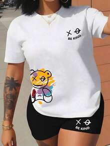 2 件套女士夏季休闲短袖圆领 T 恤和短裤套装，时尚 - 白色 - 查看 3