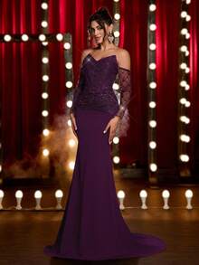 Glamrae Elegante, lujoso, de moda, morado oscuro, vestido de tela de punto elástica con costuras de encaje con lentejuelas, cintura ceñida, con ballenas, busto acolchado, con cola, adecuado para vacaciones, boda, despedida de soltera, baile formal, evento de celebración, cena formal, Día de San Valentín - Morado - Ver 7
