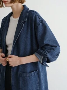 FRIFUL 女式休闲百搭宽松牛仔夹克，带双口袋 - 藍色 - 查看 9