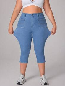 Flexra Damen Capri-Hose in Große Größen aus blauem Denim mit Gummizug, Lässig - Helle Waschung - Übersicht 4