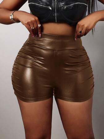 Slaydiva Elegant Party Slim-Fit High-Waisted Side Pleated Faux Leather Shorts For Women