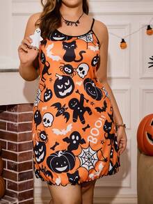 Miss Vinta Camisón de talla grande con estampado de calabaza y fantasma de Halloween, contraste de color, pijama de Halloween, disfraz de Halloween para fiesta, pijama de Halloween talla grande, vestido de pijama de Halloween talla grande, vestido de pijama talla grande