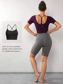 GLOWMODE FeatherFit™ Slim Cropped Length Contour U Back Tee Low Impact Yoga Pilates Daily Summer Baby Tee Gym - Cherry Cola - View 6